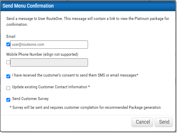 The ‘Send Menu Confirmation’ pop-up window with ‘user@routeone.com’ input into the ‘Email’ field. 