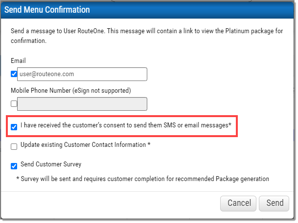 The ‘Send Menu Confirmation’ pop-up window with the consent agreement checked and highlighted by a box.