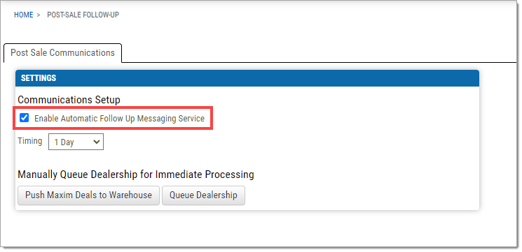 The Post-Sale Communications page with the ‘Enable Automatic Follow Up Messaging Service’ checkbox selected and highlighted by a box.