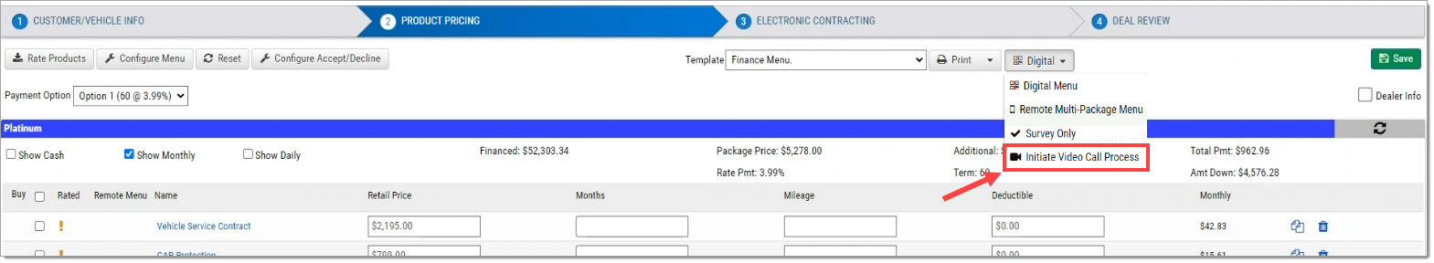 Step 2 of the Deal Wizard with the ‘Digital’ drop-down menu open and the ‘Initiate Video Call Process’ option highlighted by a box with an arrow pointing to it.