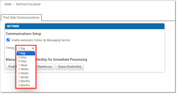 The Post-Sale Communications page with the ‘Timing’ drop-down menu expanded and highlighted by a box.