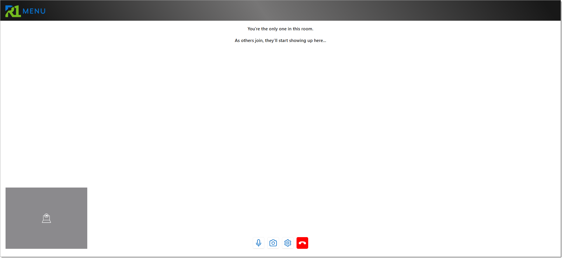 The conference room call page with the customer’s video absent and a message stating ‘You’re the only one in this room. As others join, they’ll start showing up here….’