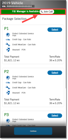 The Remote Menu mobile application with a green banner at the top of the screen that says ‘F&I Manager is Available’ highlighted by a box and an arrow pointing to the ‘Join Call’ button within that banner.