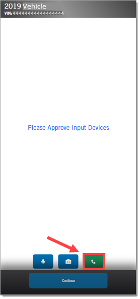 The video call landing page with a message stating ‘Please Approve Input Devices’ and the green phone icon highlighted by a box with an arrow pointing to it.