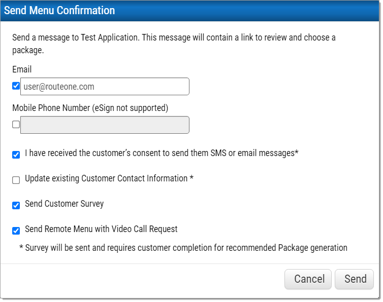 The ‘Send Menu Confirmation’ pop-up window with ‘user@routeone.com’ input into the ‘Email’ field.