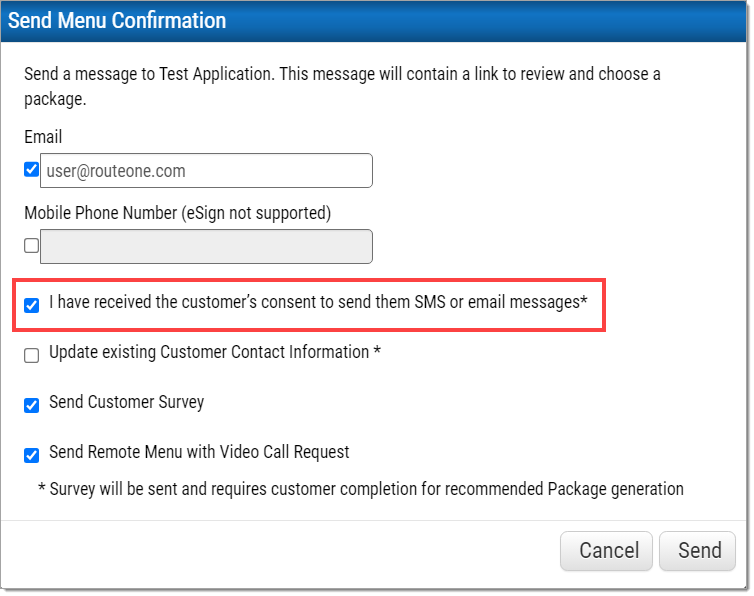 The ‘Send Menu Confirmation’ pop-up window with the consent agreement checked and  highlighted by a box.