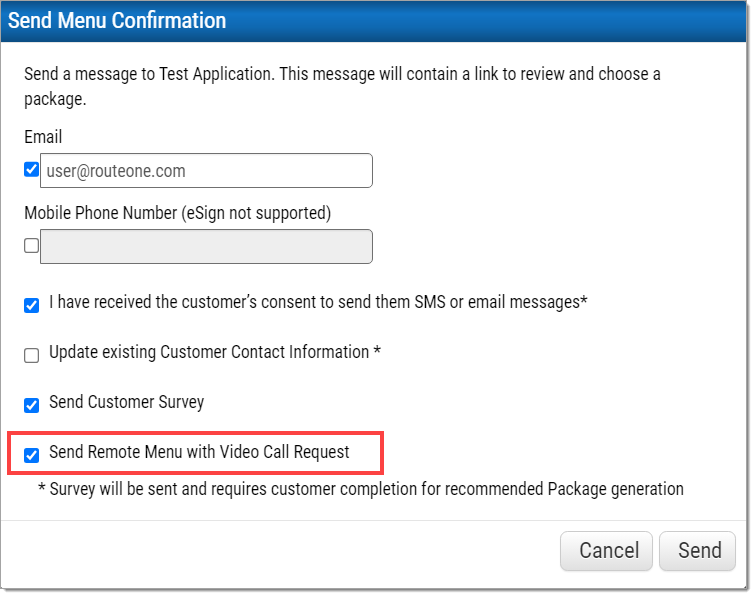 The 'Send Menu Confirmation' pop-up with a box highlighting the 'Send Remote Menu with Video Call Request' checkbox.