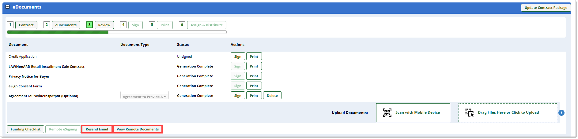 Boxes around the ‘Resend Email’ and ‘View Remote Documents’ buttons