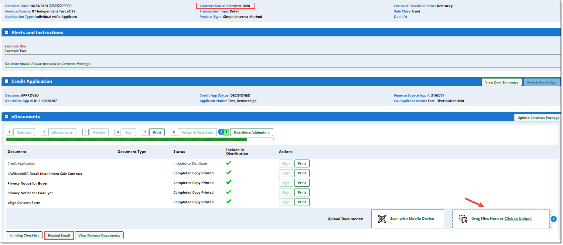 Box around Contract Held status, arrow pointing towards ‘Drag files or Click to Upload’ button, and box around enabled ‘Resend Email’ button.