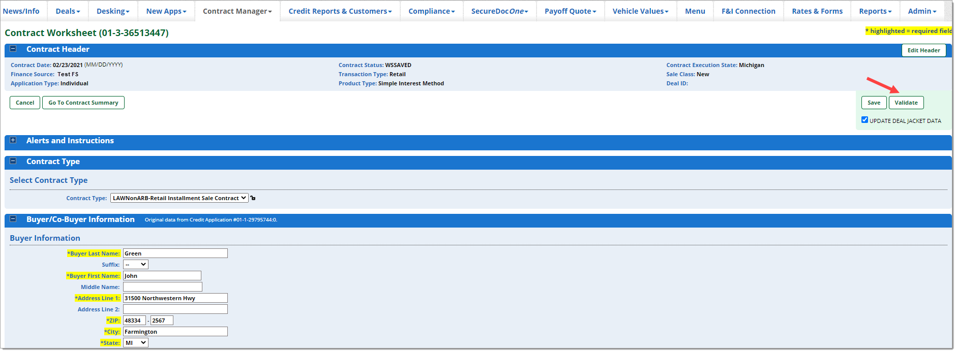 The Contract Worksheet with an arrow pointing to the ‘Validate’ button at the upper right.