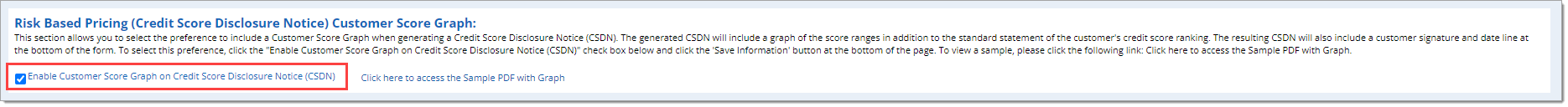 The ‘Risk Based Pricing (Credit Score Disclosure Notice) Customer Score Graph’ section with a box highlighting the ‘Enable Customer Score Graph on Credit Score Disclosure Notice (CSDN)’ checkbox.