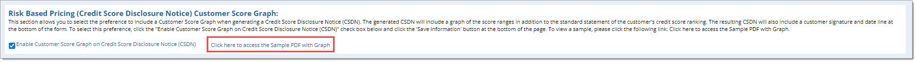 The ‘Risk Based Pricing (Credit Score Disclosure Notice) Customer Score Graph’ section with a box highlighting the ‘Click here to access the Sample PDF with Graph’ link.