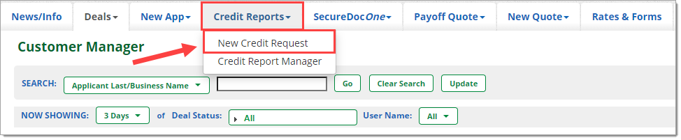 The top menu of the RouteOne system with the ‘Credit Reports’ tab expanded and highlighted, and the ‘New Credit Request’ option highlighted by a box with an arrow pointing to it.