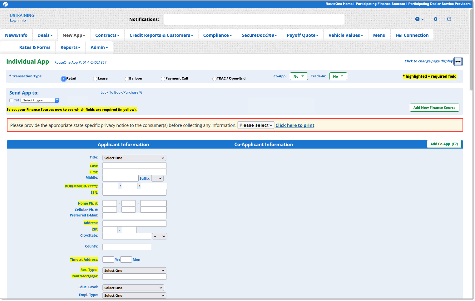 Box around messaging to provide the disclosure to the consumer, dropdown menu to select state, and ‘Click here to print.’