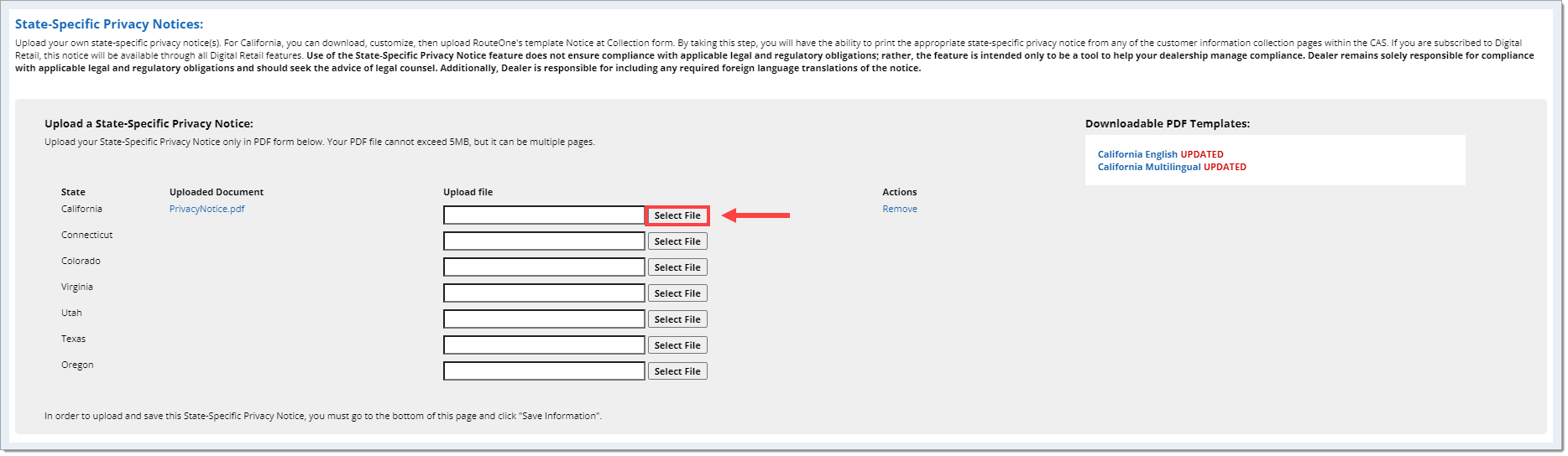 The State-Specific Privacy Notice section with the ‘Select File’ button that corresponds to ‘California’ highlighted by a box with an arrow pointing to it.