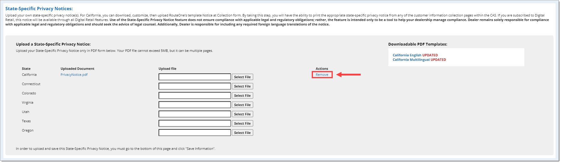 The State-Specific Privacy Notice section with the ‘Remove’ link corresponding to ‘California’ highlighted by a box with an arrow pointing to it.