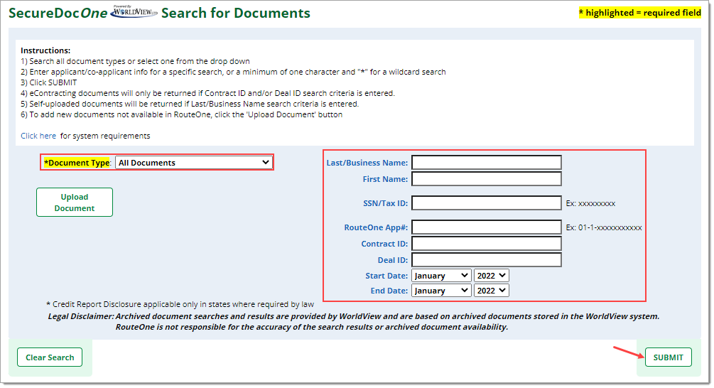 Box around ‘Document Type’ to select. Box around applicant information fields to enter. 