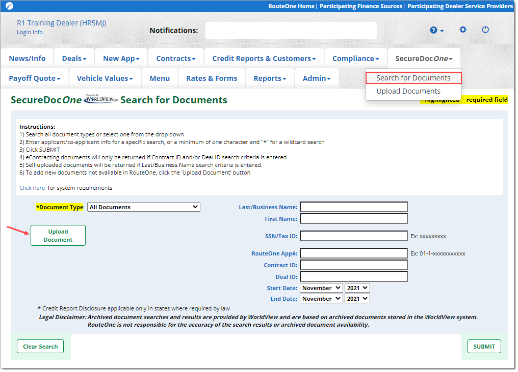 From SecureDocOne tab, box around ‘Search for Documents’ dropdown menu. Arrow pointing to ‘Upload Document’ button. 