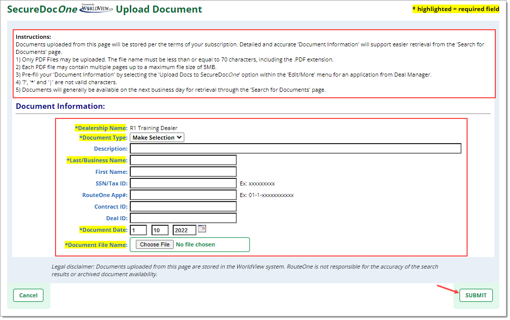 Box around Instructions. Box around ‘Document Information’ fields to input. Arrow pointing to ‘Submit’ button. 