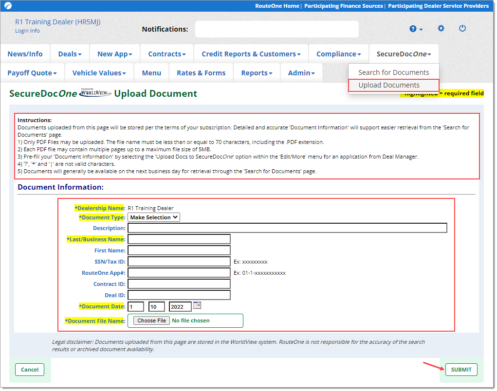 From SecureDocOne, box around ‘Upload Documents’ from dropdown menu. Box around instructions. Box around ‘Document Information’ fields to input. Arrow pointing to ‘Submit’ button. 