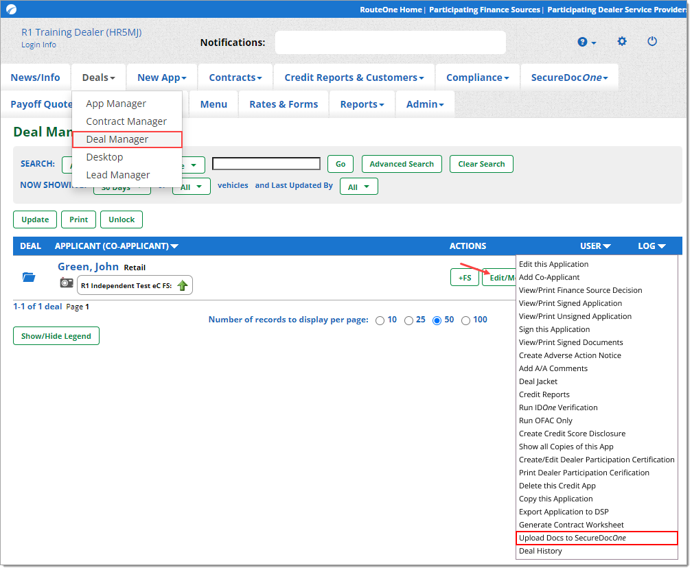 From ‘Deals’ tab, box around ‘Deal Manager’ from dropdown menu. Arrow pointing to ‘Edit/More’ button. Box around ‘Upload Docs to SecureDocOne’ from ‘Edit/More.’