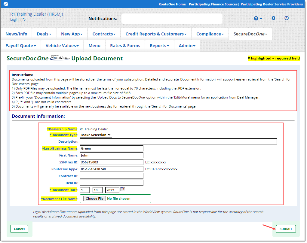 Box around Instructions. Box around ‘Document Information’ fields to input. Arrow pointing to ‘Submit’ button.