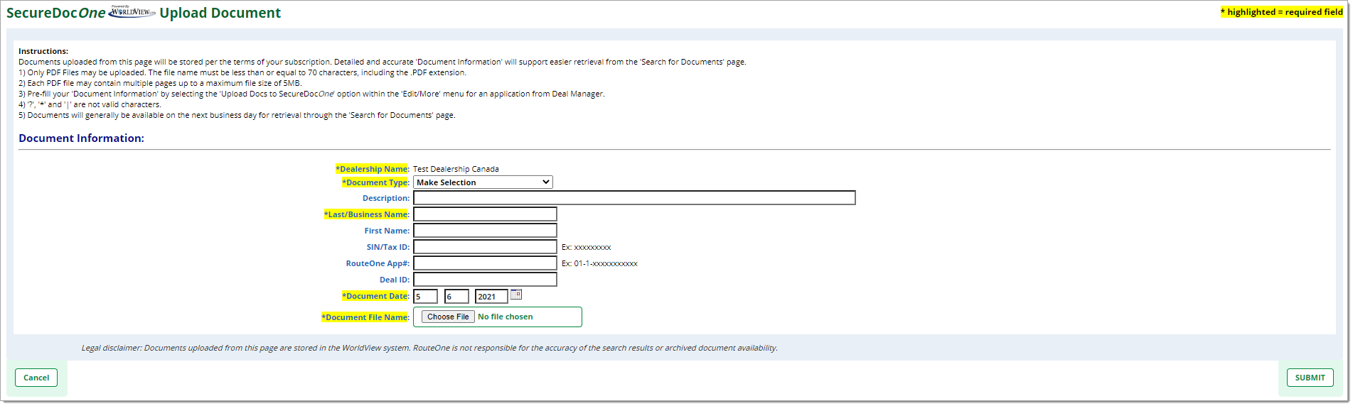 The SecureDocOne Upload Document page.