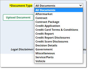 A zoomed-in view of the ‘Document Type’ drop-down menu on the SecureDocOne Upload Document page.