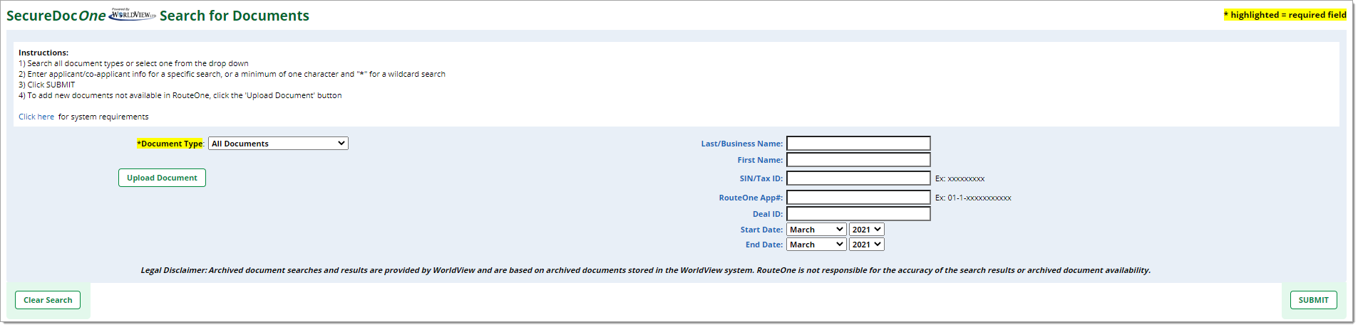 The SecureDocOne Search for Documents page.