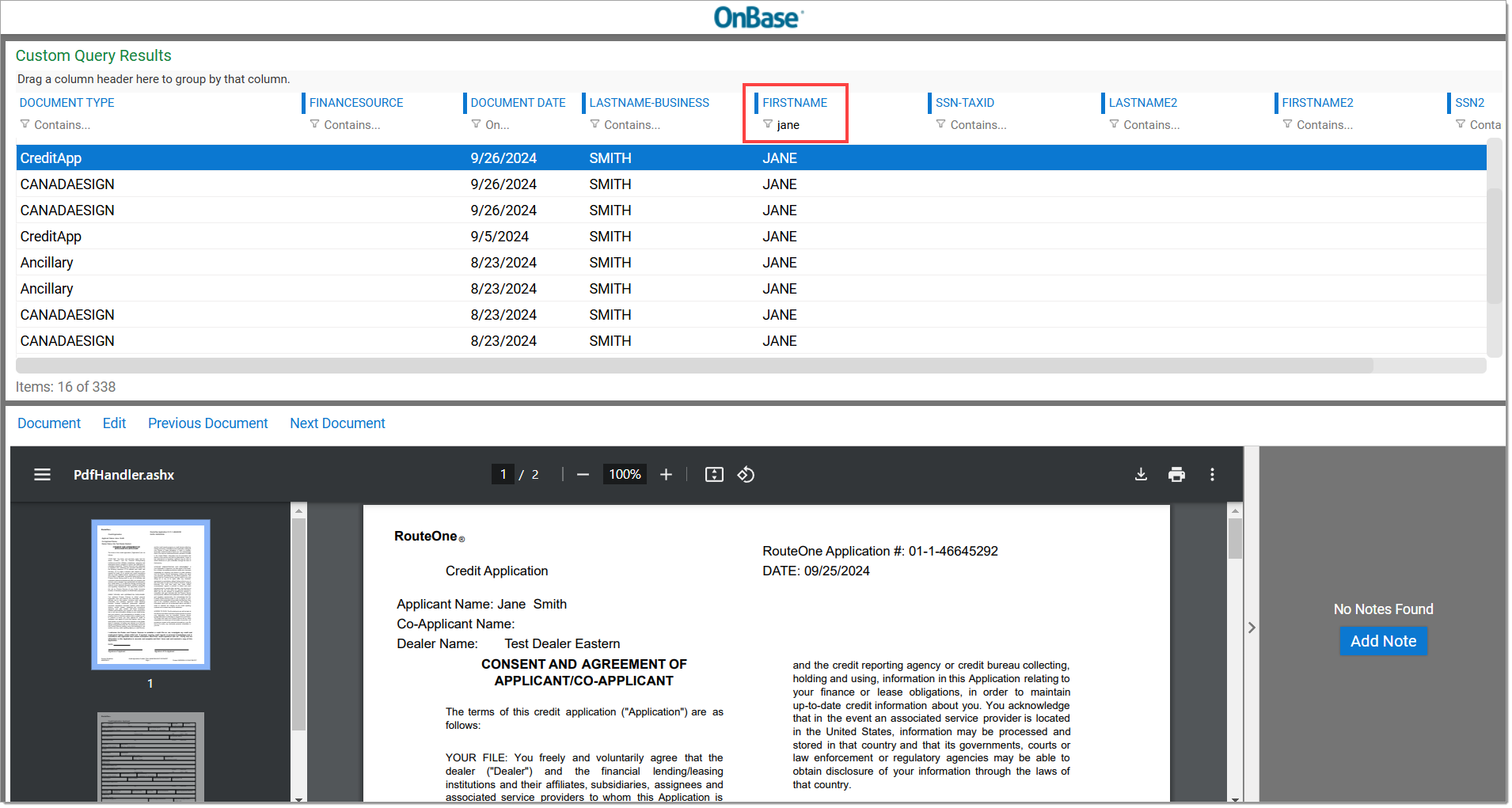 The SecureDocOne search results window with ‘jane’ entered under the ‘FIRSTNAME’ column and highlighted by a box, and only documents with ‘Jane’ as the first name showing.