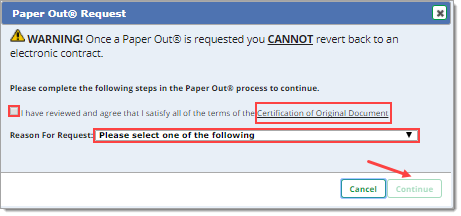 Popup window, select Paper Out® reason