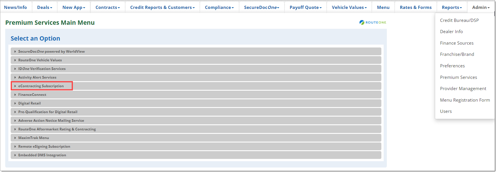 The Premium Services Main Menu page with a box highlighting the ‘eContracting Subscription’ option.