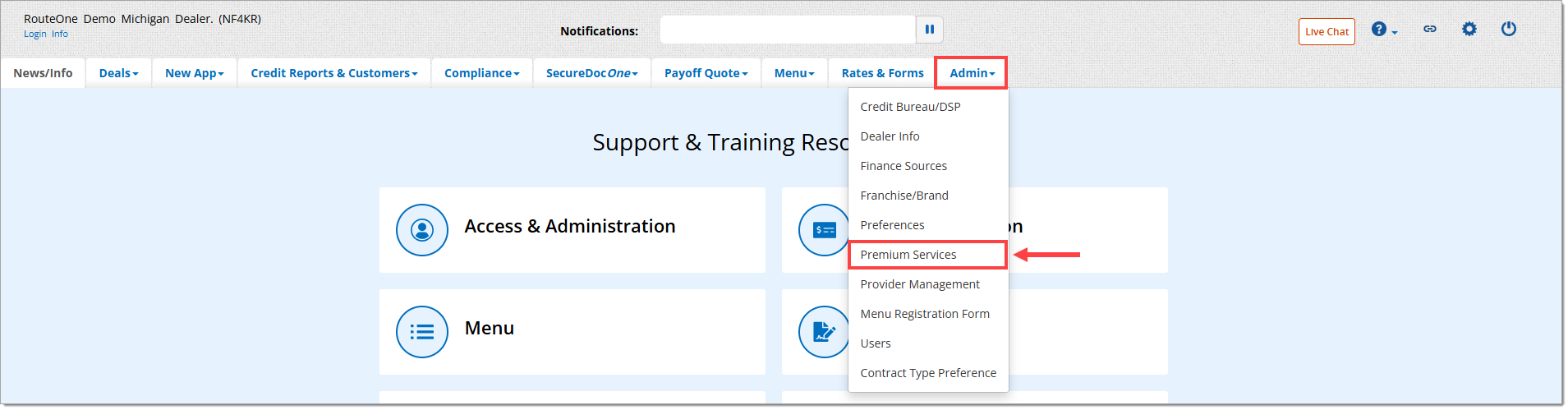 The top navigation of the RouteOne system with the ‘Admin’ tab expanded and highlighted by a box, and the ‘Premium Services’ option highlighted by a box with an arrow pointing to it.