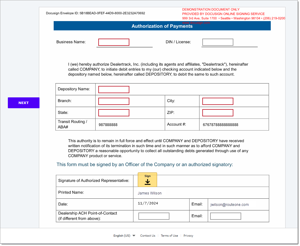 The Authorization of Payments document in DocuSign with prompts to sign.