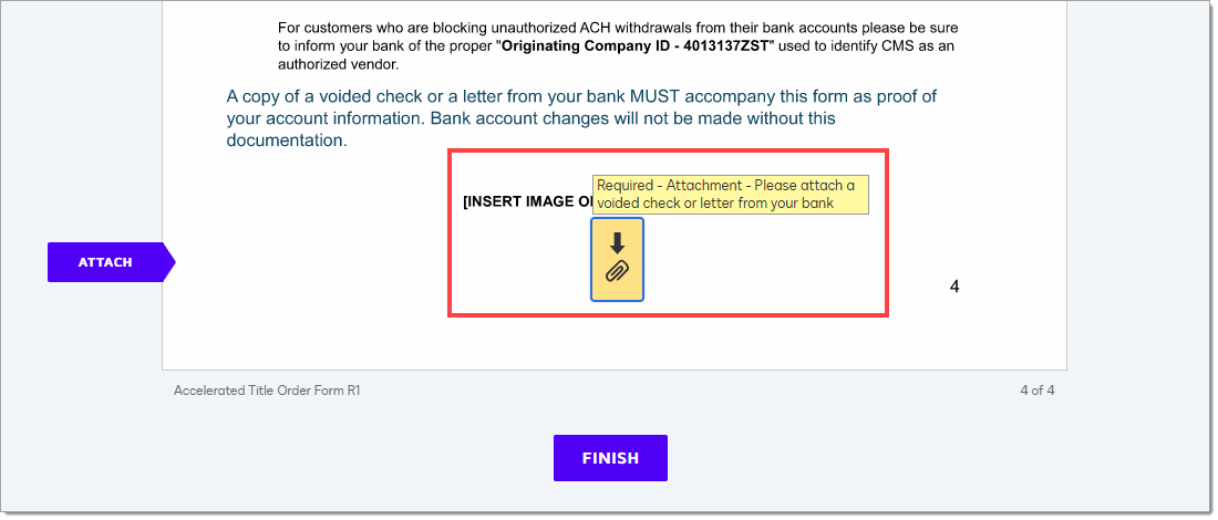 The bottom of the Authorization of Payments document in DocuSign with prompts to ‘attach a voided check or letter from your bank’ highlighted by a box.