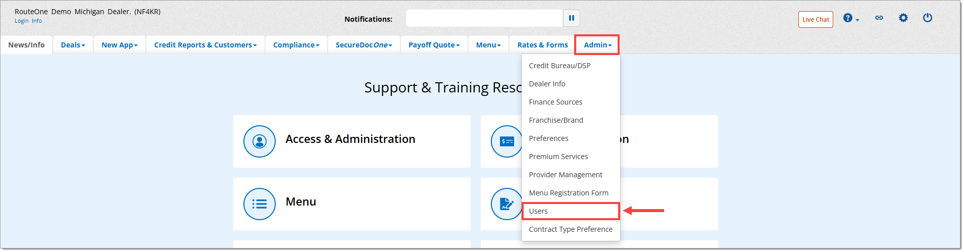 The top menu of the RouteOne system with the ‘Admin’ menu expanded and highlighted by a box and the ‘Users’ option highlighted by a box with an arrow pointing to it.