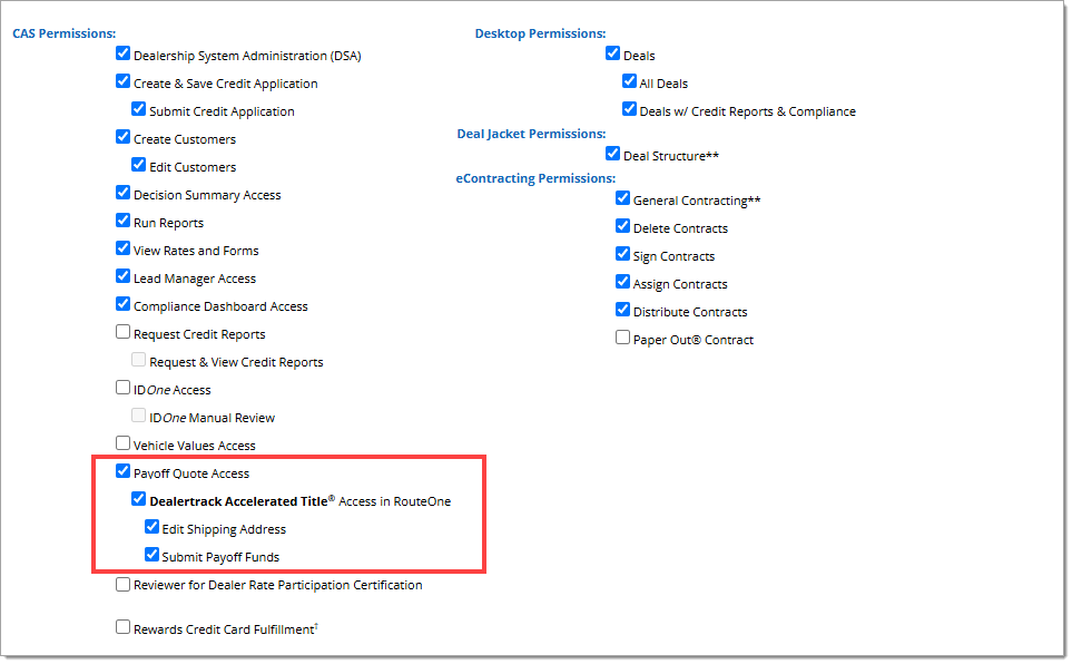 The ‘User Permissions for R1 Training Dealer’ section of the Edit User page with the ‘Payoff Quote Access,’ ‘Dealertrack Accelerated Title Access in RouteOne,’ ‘Edit Shipping Address,’ and ‘Submit Payoff Funds’ highlighted by a box.