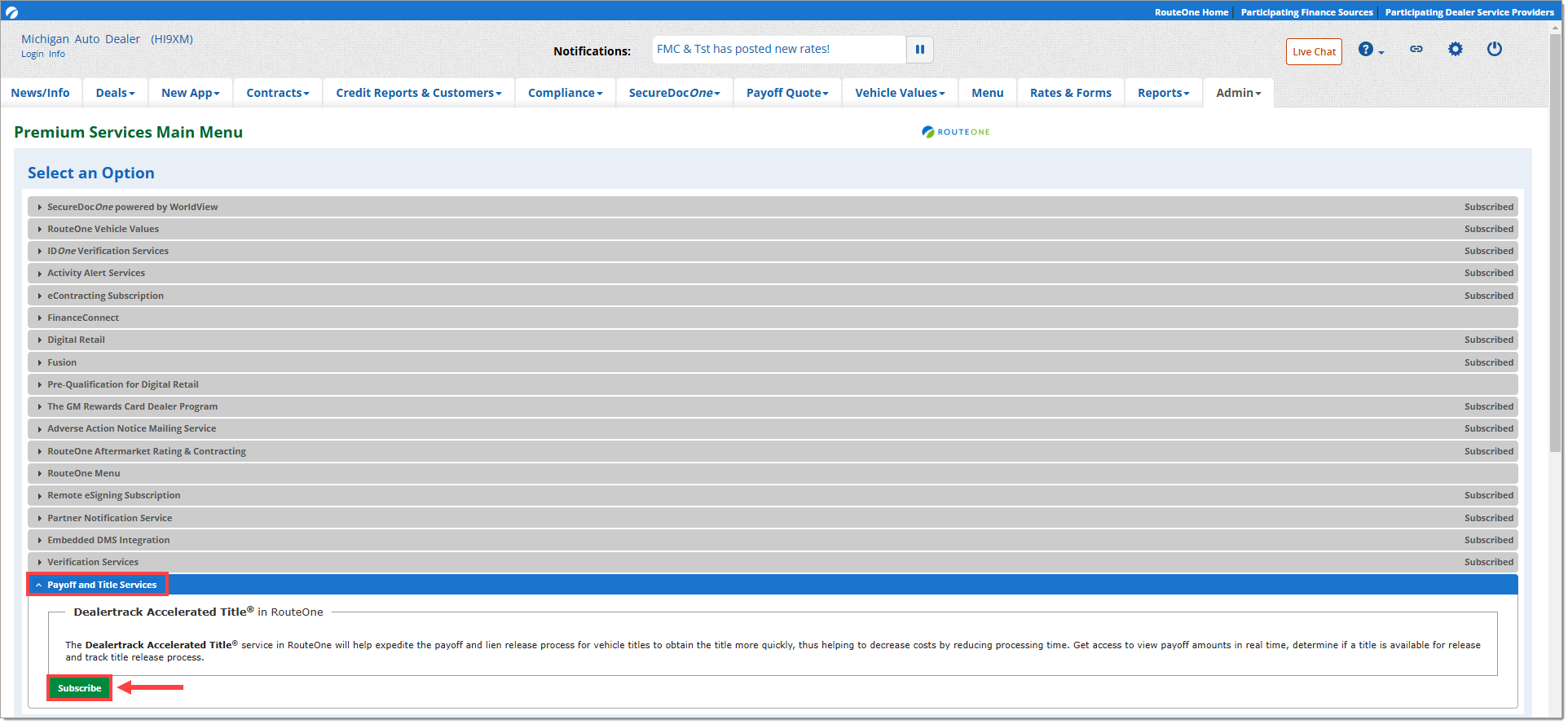 The Premium Services Main Menu page with the ‘Payoff and Title Services’ section expanded and its header highlighted by a box and the corresponding ‘Subscribe’ button highlighted by a box with an arrow pointing to it.