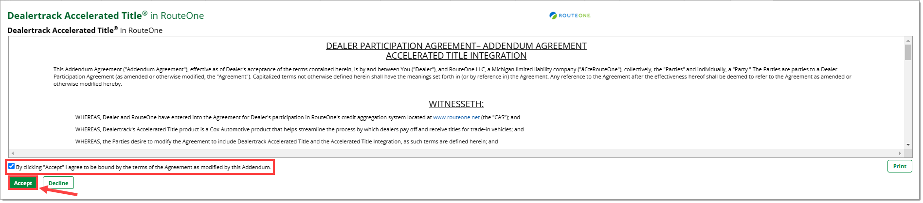 The Dealer Participation Agreement page with the ‘By clicking “Accept” I agree to be bound by the terms of the Agreement as modified by this Addendum’ checkbox highlighted by a box and the ‘Accept’ button highlighted by a box with an arrow pointing to it.