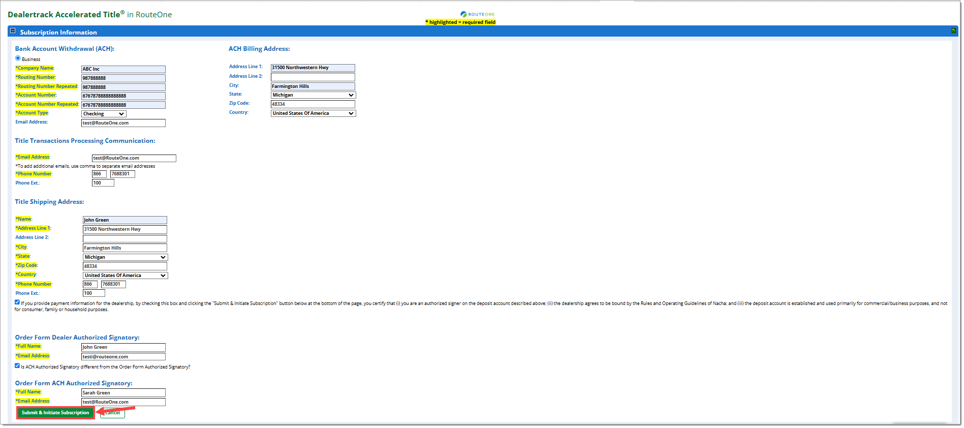 The subscription information page with the ‘Submit & Initiate Subscription’ button highlighted by a box with an arrow pointing to it