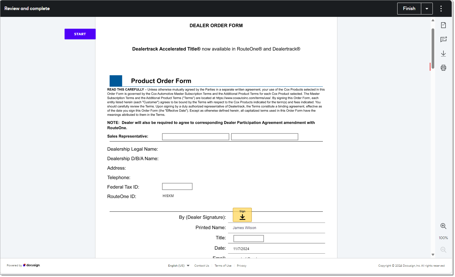 The Dealer copy of the Dealer Order Form in DocuSign with prompts to sign.