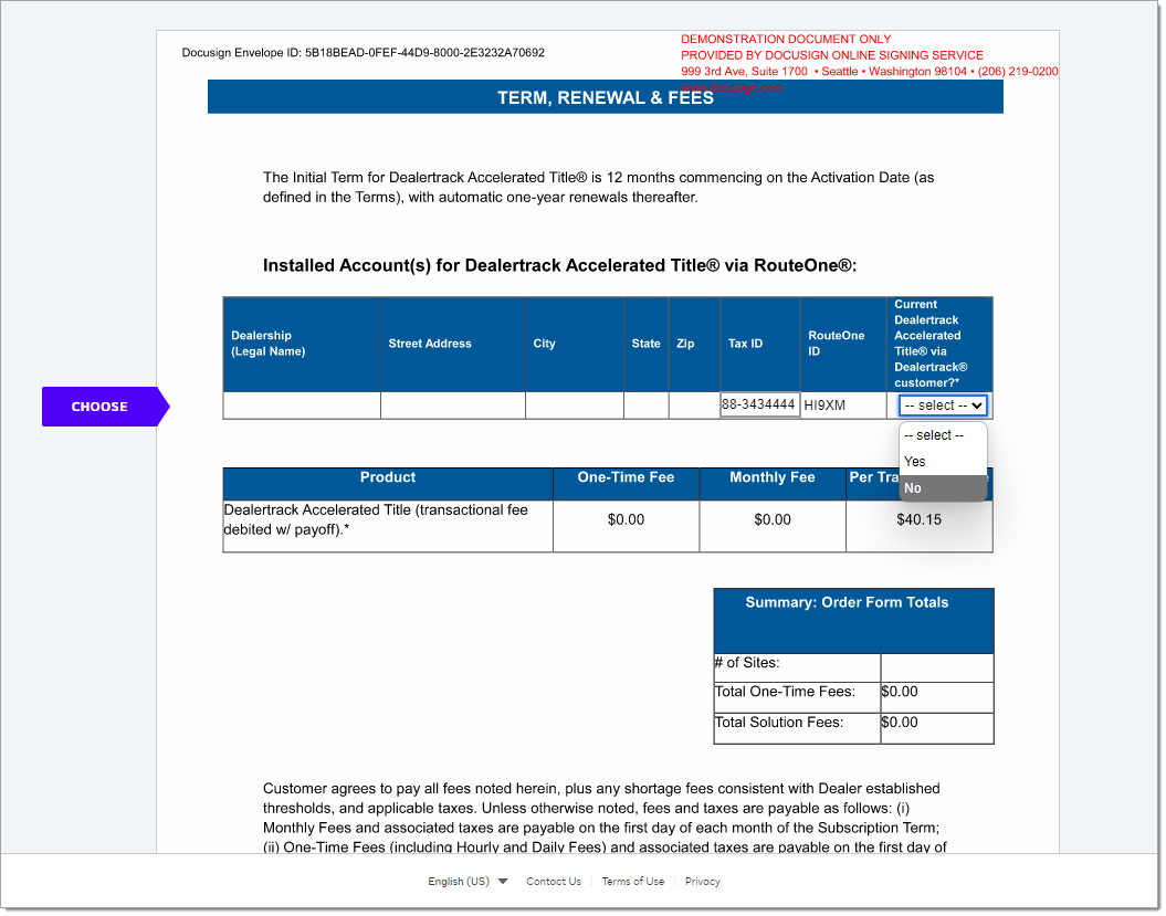 The Term, Renewal & Fees document in DocuSign with a prompt to choose from a dropdown menu.