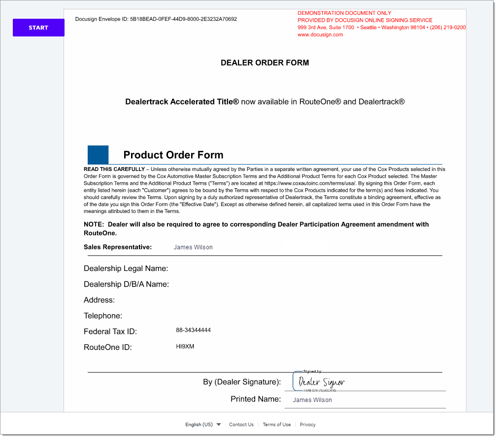 The ACH copy of the Dealer Order Form with the information and signatures from the Dealer present.