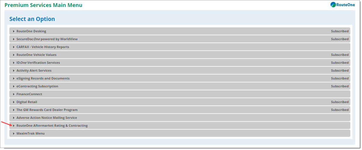 Arrow pointing to ‘RouteOne Aftermarket Rating & Contracting’ menu item.  