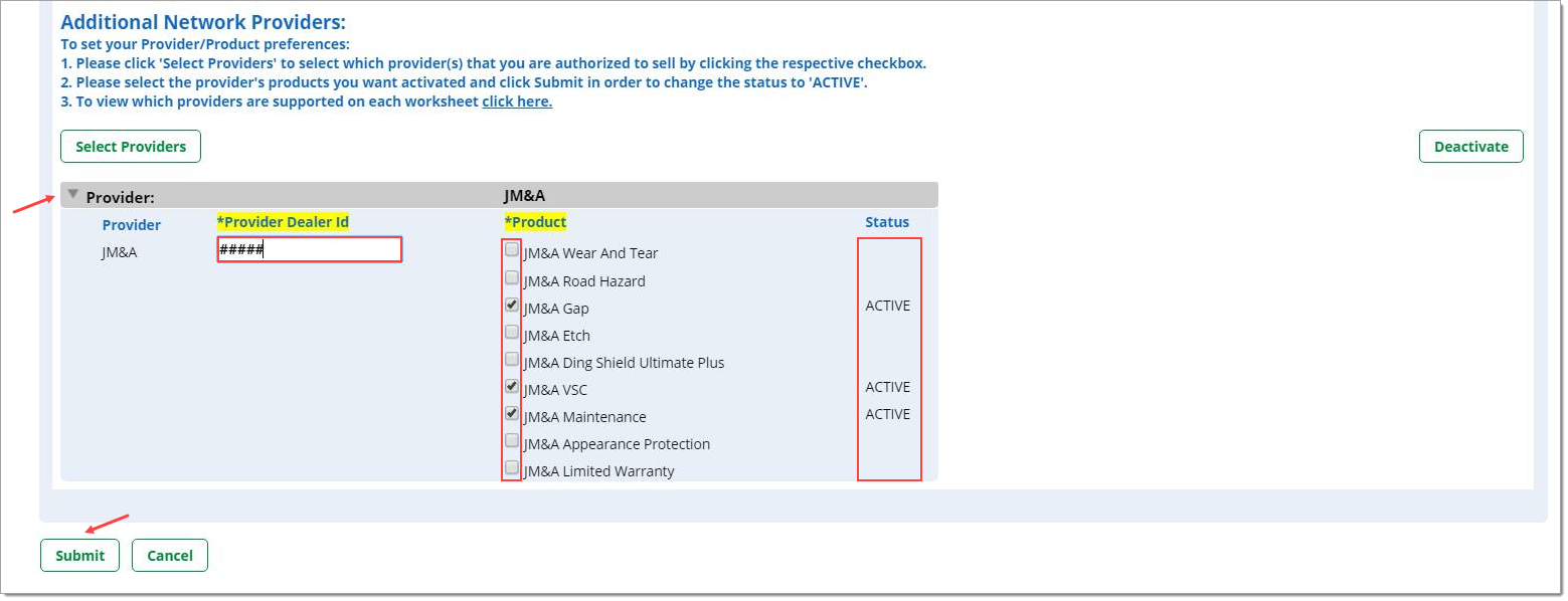 Arrow pointing to expand ‘Provider’ area. Box around Products to select. Box around ‘Status.’ 