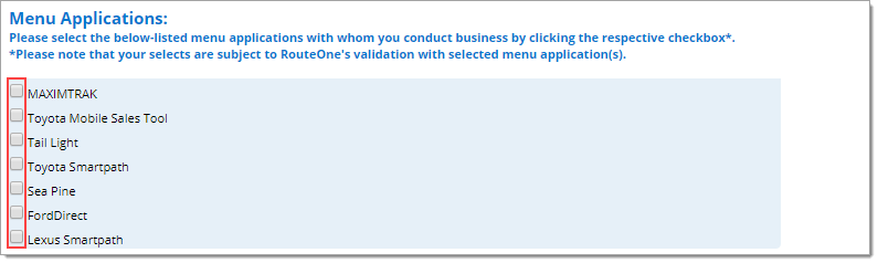 Box around menu applications checkbox options. 