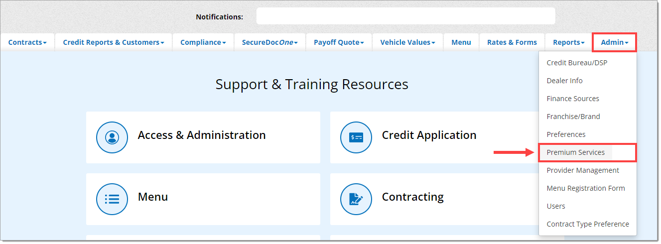 The top menu of the RouteOne system with the ‘Admin’ drop-down menu expanded and the ‘Premium Services’ option highlighted by a box.