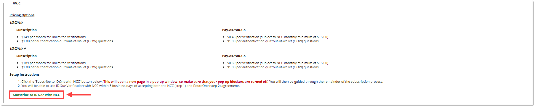 The NCC section of the Premium Services page with the ‘Subscribe to IDOne with NCC’ button highlighted by a box with an arrow pointing to it.