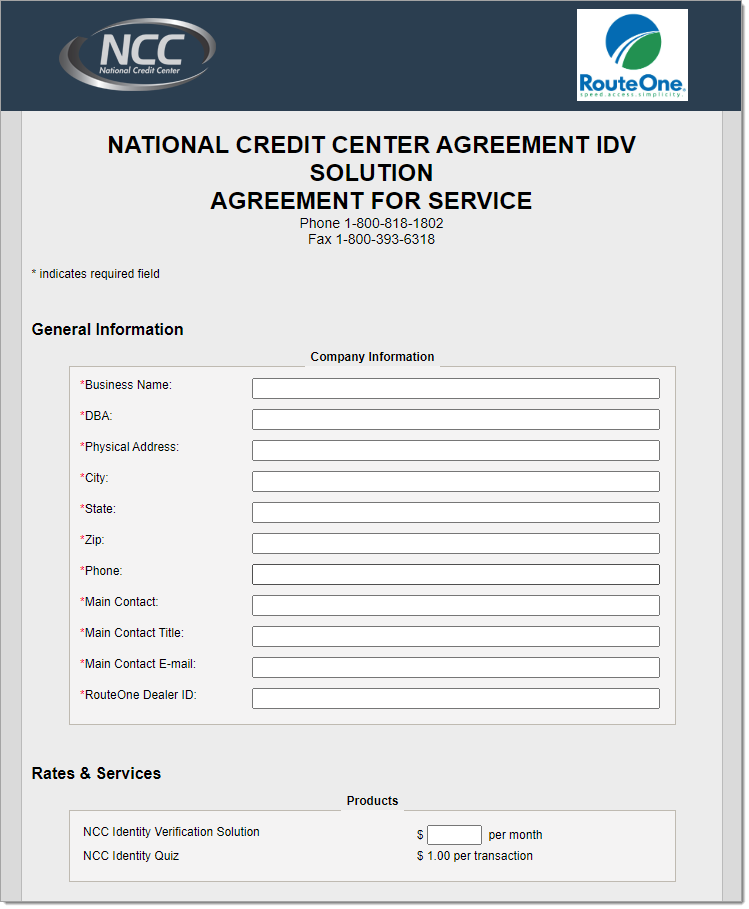 The ‘General Information’ and ‘Rates & Services’ sections of the National Credit Center Agreement IDV Solution Agreement for Service.