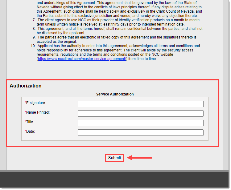 Window displaying the NCC agreement for Identity verification solution.